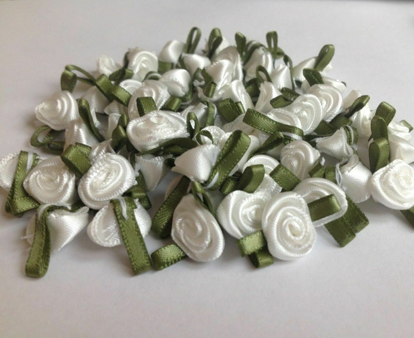 SMALL MINI SATIN RIBBON ROSE BUDS FLOWERS WITH SATIN GREEN LEAVES APPLIQUE CRAFT