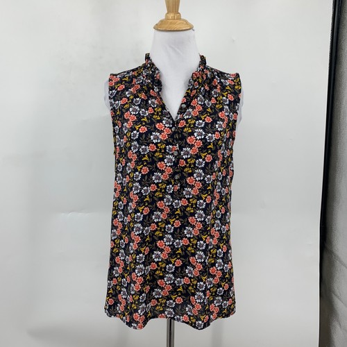 Loft Ann Taylor Top Women S Small Floral Ruffle Collar Sleeveless Half Button - Picture 2 of 12
