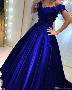 blue off shoulder ball gown