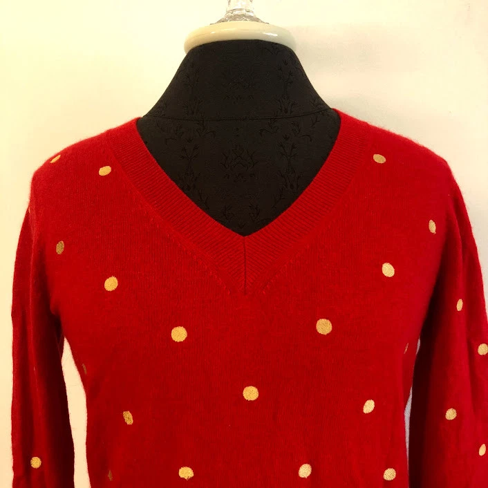 J Crew Embroidered Dot Tunic Sweater Red Gold Gray Polka Dot Merino Wool Small - Image 2 of 4