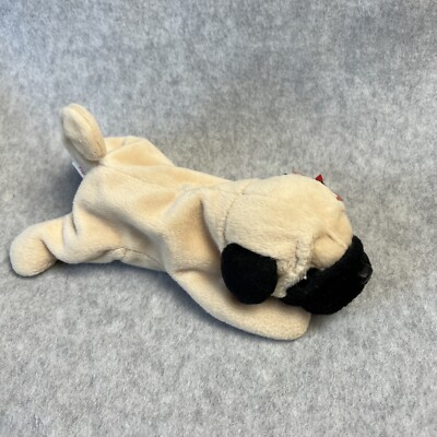 Pugsly is a light brown pug dog with black button eyes and a black nose. Pre-O