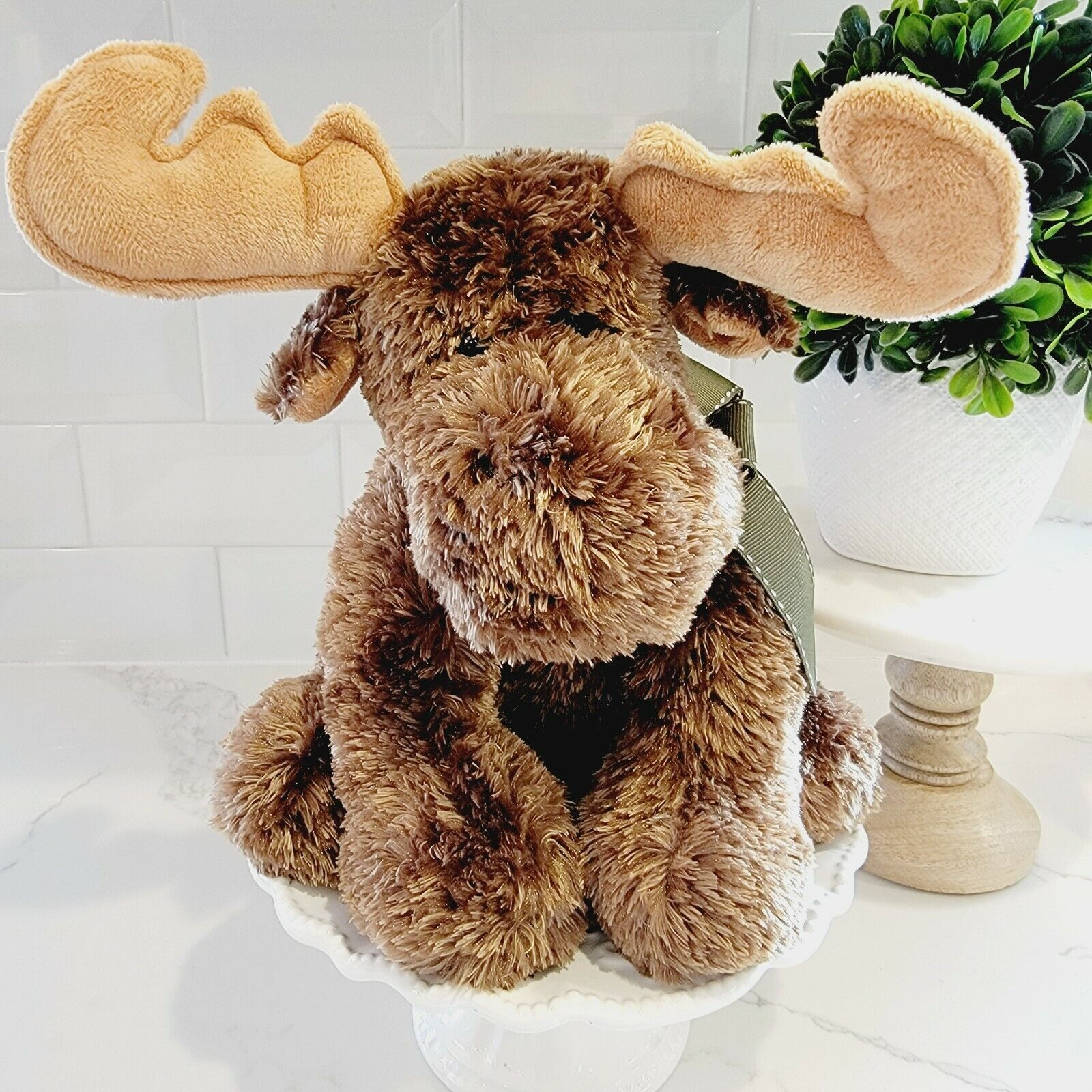 MARY MEYER Moose Reindeer Stuffed Plush Beanbag Stuffed Animal with Green Bow
