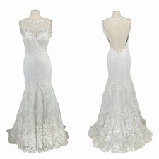 Alfred Angelo Mermaid Wedding Dress Sz 6 Small Train White Beaded Lace Princess