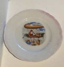 Antique Christmas Tea Set Pink plate Santa Transportation Car Balloon Dirigible