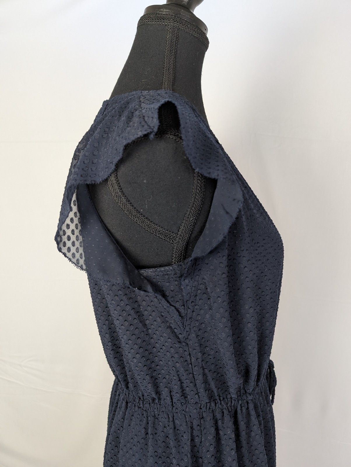 H&M Navy Blue Swiss Dot Flutter Sleeve Tie-Waist Chiffon Dress - Size 4 thumbnail 4