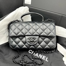 AUTH Chanel Classic Flap Black Quilted Lambskin Ruthenium Hardware Top Handle