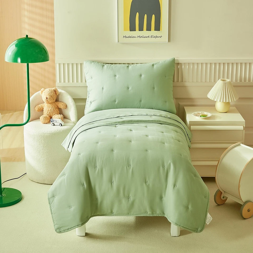 Juego de cama verde de 4 piezas para niños pequeños para niños niñas, cuna de microfibra bordada B... Foto 2 de 4