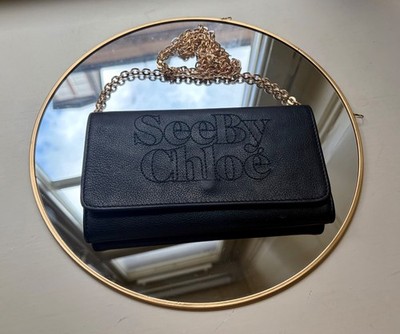 SALE! SEE BY CHLOÉ Black Pebbled Leather Continental Wallet + Gold Chain Strap