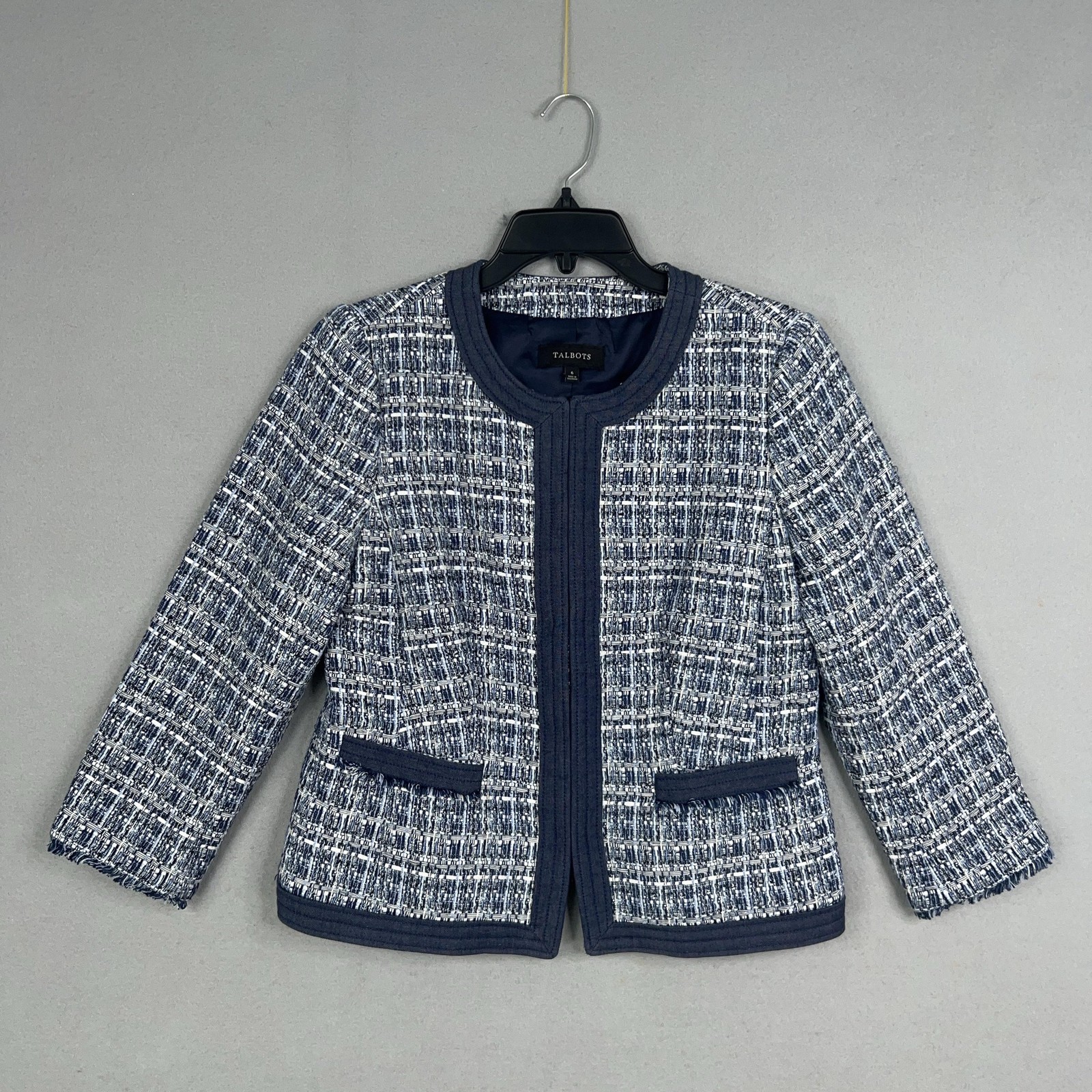 Talbots Jacket Womens 6 Blue White Tweed Open Front Lined Pockets Classic Chic