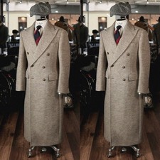 Men Long Overcoat Cashmere Wide Peak Lapel Double Breasted Full Length Long Coat