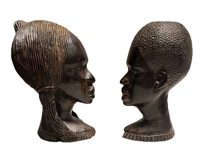 Pair Hand-Carved Wooden Bust Sculptures Male Female Figurative Art