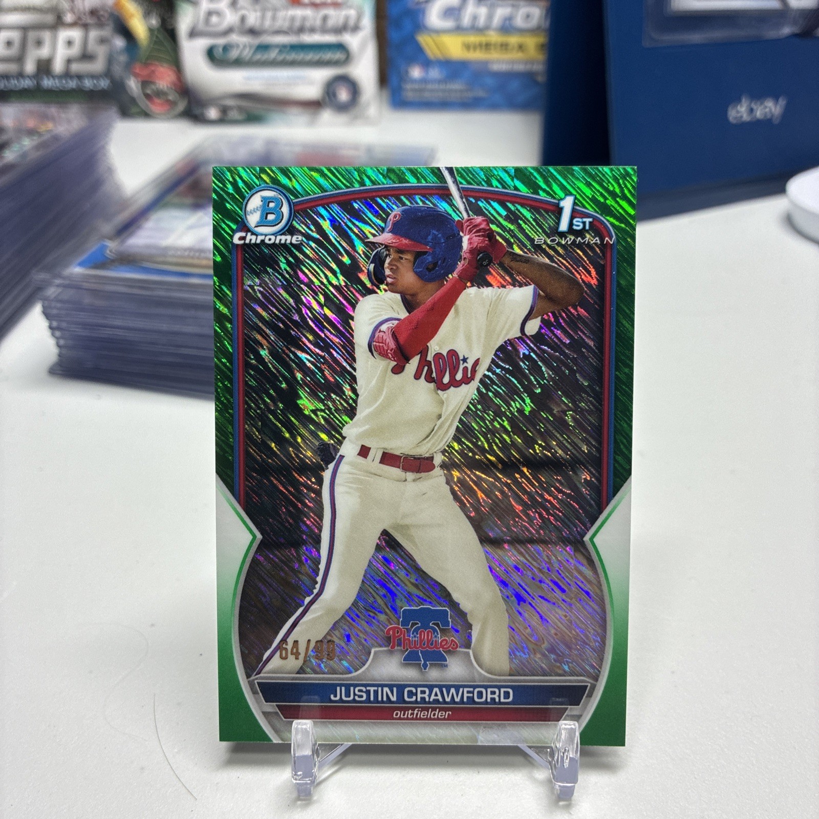 Justin Crawford 2023 Bowman Chrome BCP-3 1st Green Shimmer Refracto /99 Phillies