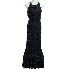 Scala Small Pure Silk Black Iridescent Glass Beaded Evening Gown Ball Mermaid