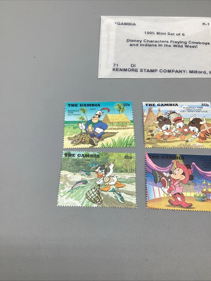 JUEGO DE 6 ESTAMPILLAS DE VAQUEROS E INDIOS DE GAMBIA DISNEY 1995 MNH GOOFY MICKEY MINNIE Foto 2 de 4