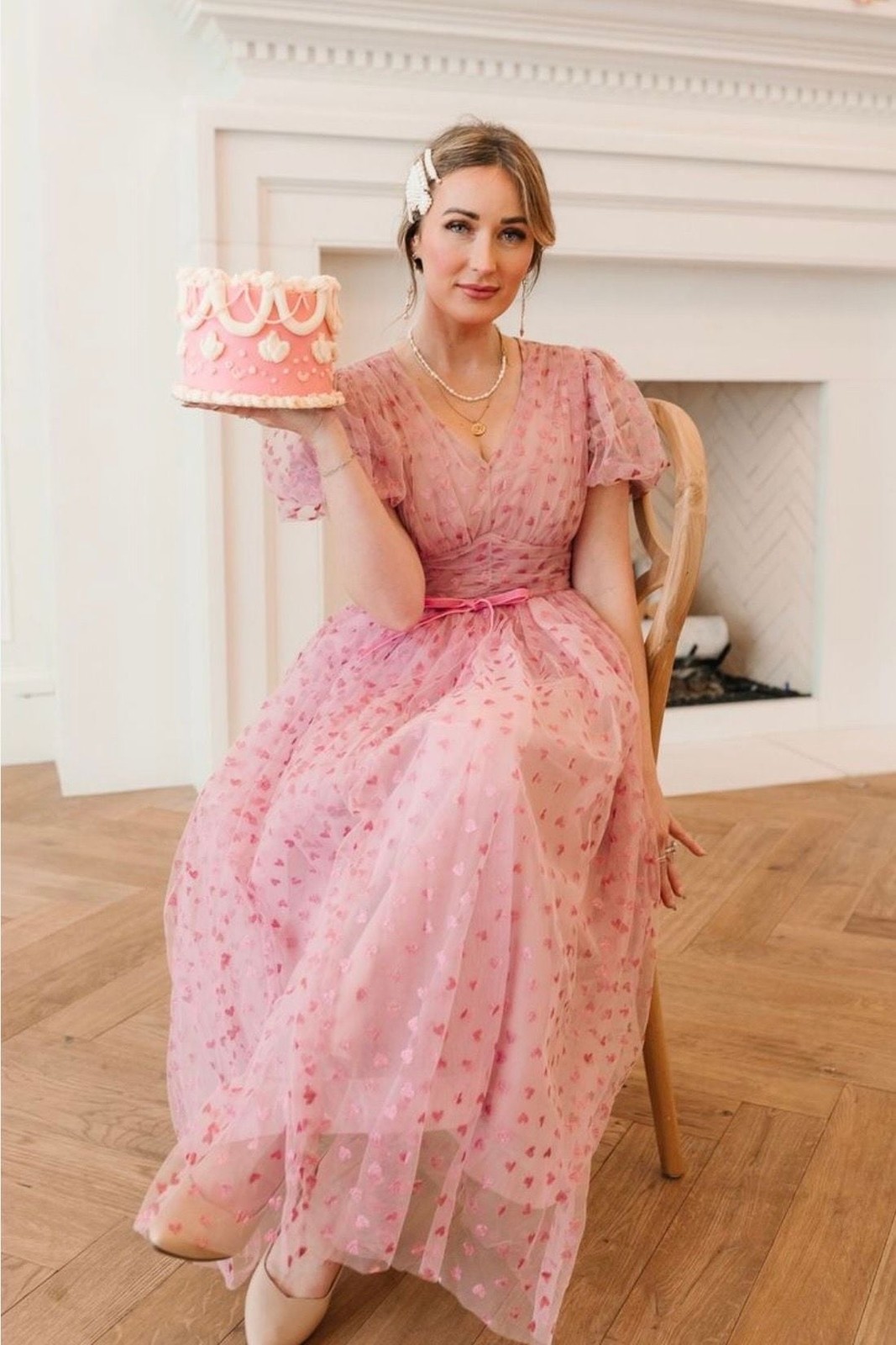 Ivy City Co. Pink Heart Tulle Midi Dress Size M