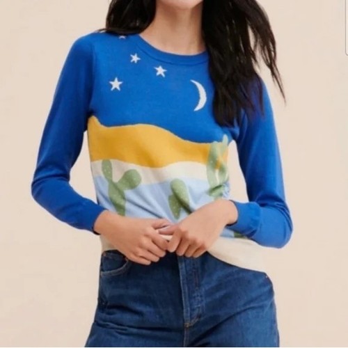 Modcloth Desert Sands Nachthimmel Kaktus Strickpullover Pullover Blau Größe XL