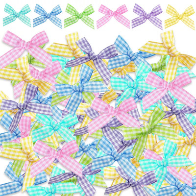 100 Ostern Macaron bunte Gingham Band Schleifen 4 cm Durchmesser NEU