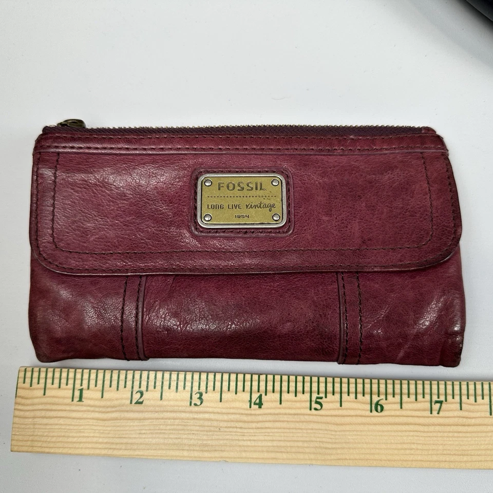 Cartera larga de cuero muy suave Fossil Long Live vintage 1954 piel de cordero magenta Foto 3 de 4