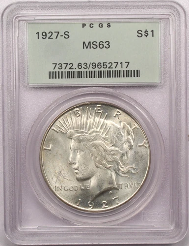 1927-S Peace Silver Dollar $1, PCGS MS63 OGH, Choice Uncirculated BU