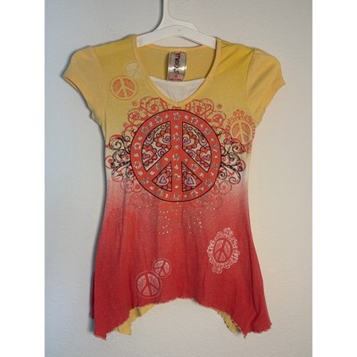Knitworks Girls Ombre Peace Sign Rhinestone Graphic Tee Yellow Coral Size M