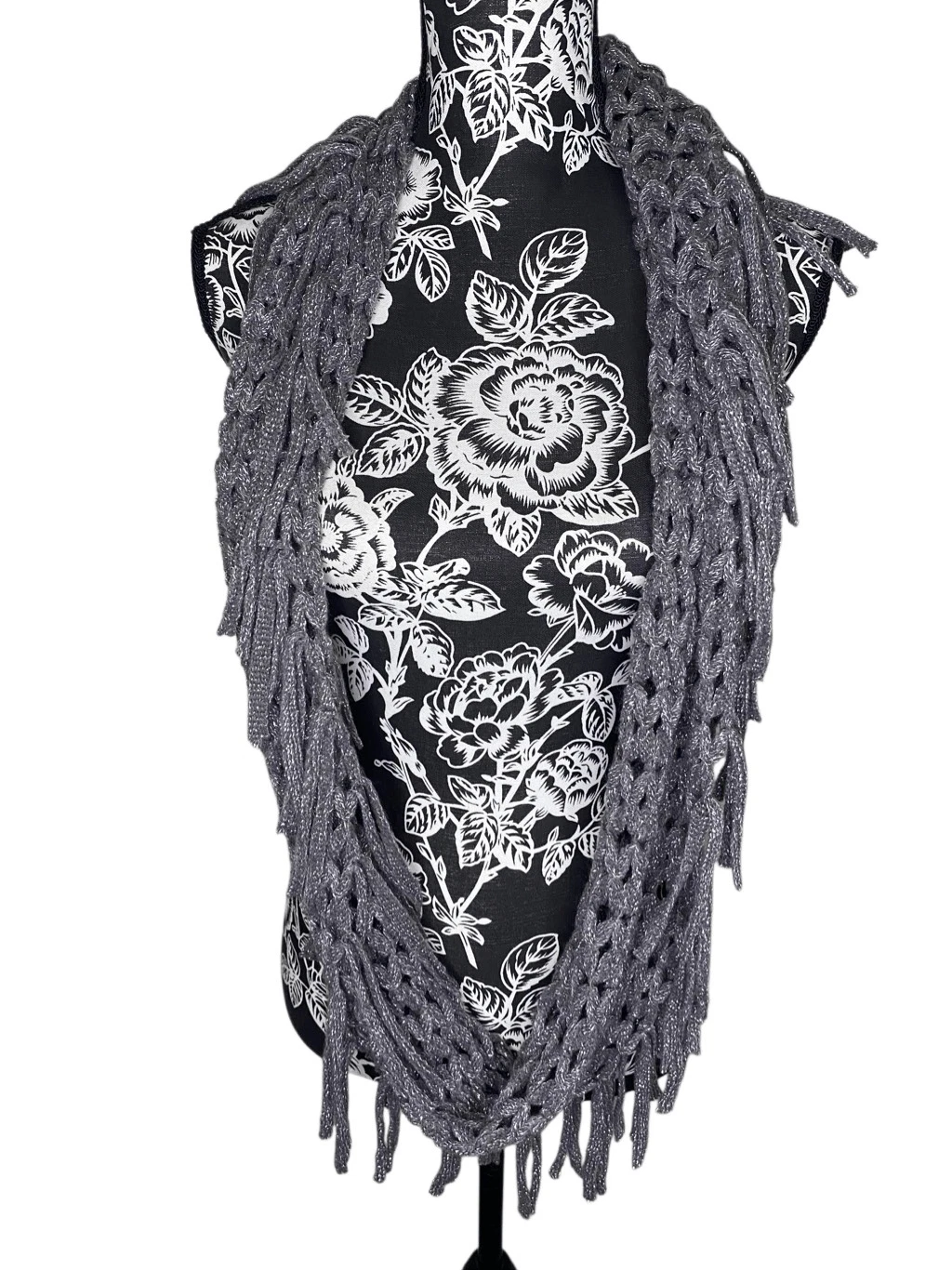 Black Rivet Gray Metallic Knit Fringe Infinity Scarf Boho Open Weave Wrap Winter