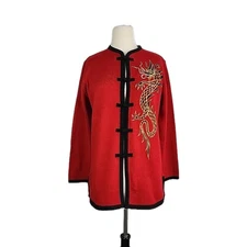 Bob Mackie Cardigan Small Red Dragon Asian Embroidery Artsy Tunic Sweater Kimono