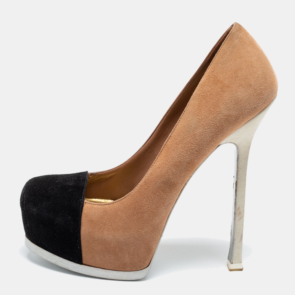 Saint Laurent Paris Two-Tone Suede Tribtoo Platform Pumps Size 37.5 EU