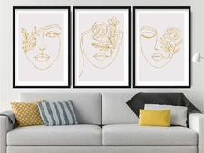 Set of 3 Prints -Gold Effect- Line Art Rose Female Faces Grey Pictures Wall Art