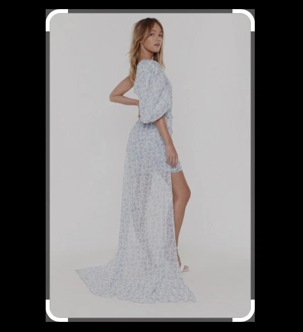 Mini abito elegante blu e bianco Nasty Gal Train Supreme con treno taglia 12 nuovo