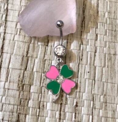 Pink And Green Shamrock Belly Button Ring 14 Gauge Surgical Steel New Navel Ring