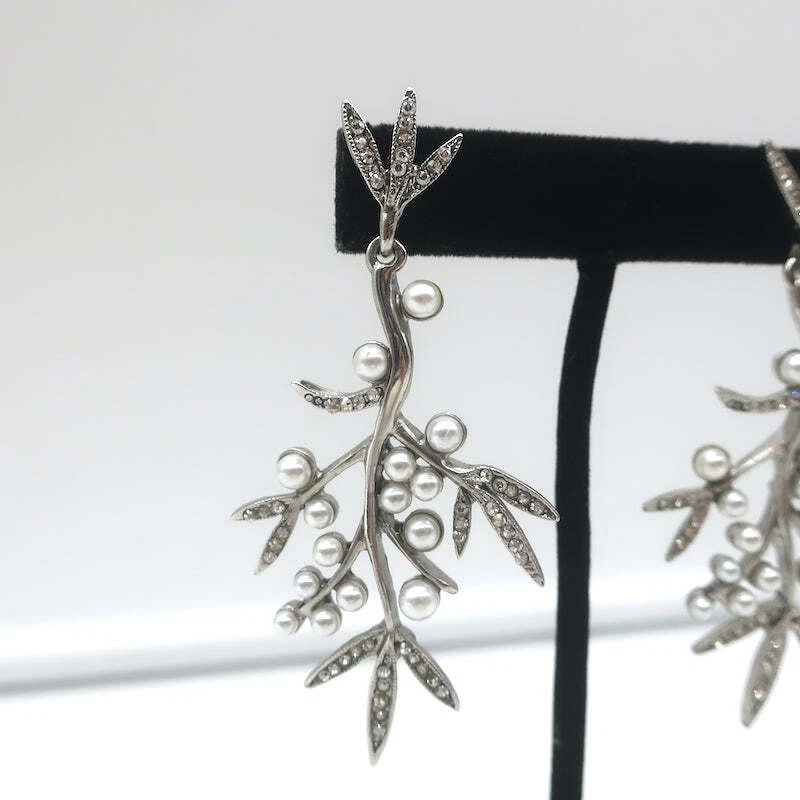 Oscar de la Renta Crystal & Faux Pearl Branch Drop Earrings Silver - Image 2 of 4