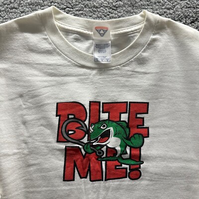 BITE ME Fishing Long Sleeve Shirt White Crew Neck Angry Fish Hook Silly Print