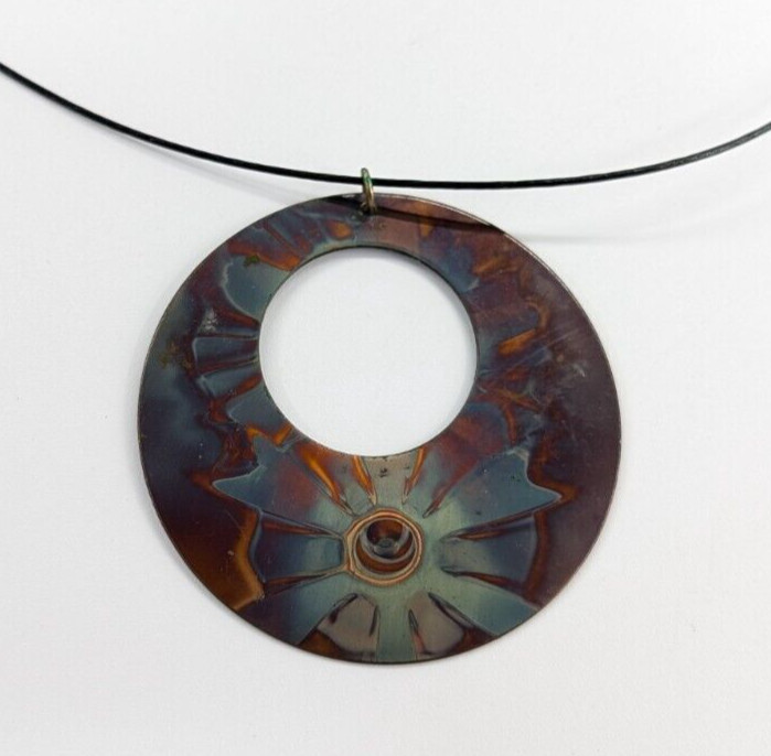 Flame Painted Copper Open Circle Statement Pendan… - image 5