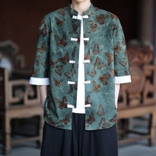 Hommes Jacquard Imprimé Papillon Chinois Chemise Casual Bouton Grenouille 3/4