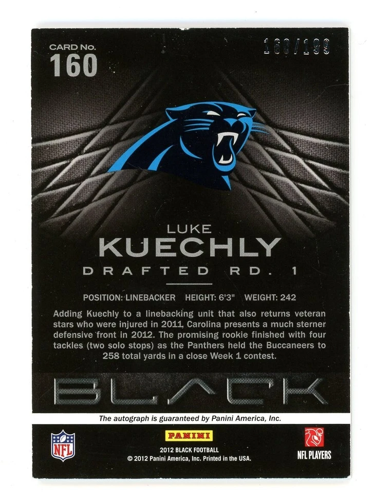 2012 Panini Black LUKE KUECHLY ROOKIE AUTO insert Carolina Panthers 160/199 - Image 2 of 2