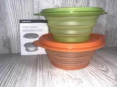 Set of Two(2) NEW TUPPERWARE FLAT OUT CONTAINERS Green 3 cup & Orange 4 cup LIDS