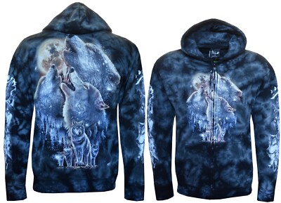 Tie Dye Hoodie Zip Up Wolves Howling Under Moon Wolf Pack Glow in Dark by Wild