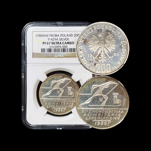 POLAND. 1980, 200 Zlotych, Silver - NGC PF67 - Lake Placid, Skiing ⛷ RARE PROBA