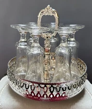 Vintage Leonard 7 Piece Silverplated Caddy & Crystal  Cordial/Liquor Set