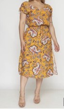 Women’s Plus Size V Neck Mustard Yellow Paisley Midi  Dress Floral Dresses Boho