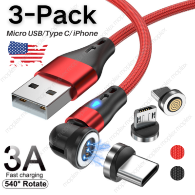 3Pcs Magnetic Phone Charger Cable 540°Rotate USB Adapter For