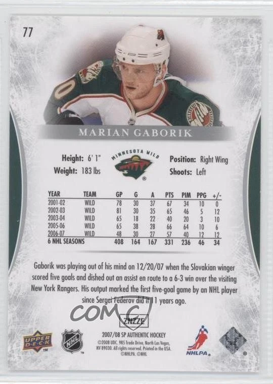 2007-08 SP Authentic Marian Gaborik #77 - Image 2 of 2