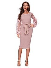 SheIn Womens Elegant Mesh Contrast Bishop Long Sleeve Bodycon Pencil Dress