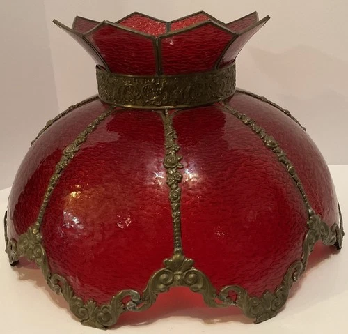 VINTAGE TIFFANY STYLE TULIP RED LEADED GLASS LAMP SHADE SWAG HANGING LAMP MCM