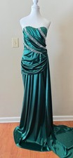 Emerald Green Strapless Satin Gown with Beaded Detail Formal Prom Pageant Evenin