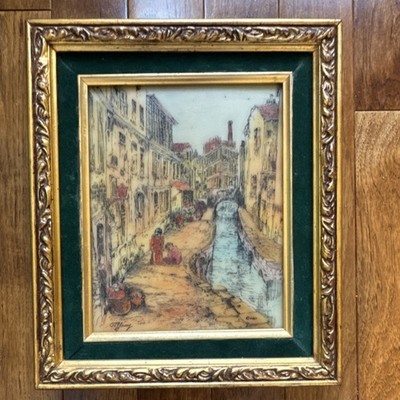 Tiffany Hand Painted Three Dimensional Engraving Cityscape Canal Framed Print