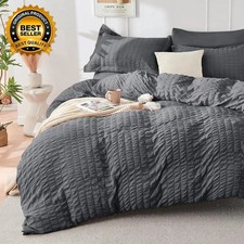Dark Grey Duvet Cover Queen Size, Ultra Soft 3-Piece Seersucker Duvet Cover Set