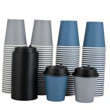 100 Pack 10 oz Disposable Paper Coffee Cups with Lids for 10oz bule and gray