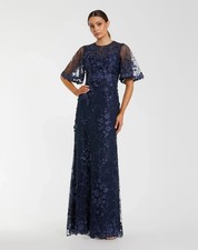 Mac Duggal 68810 Navy Flutter Sleeve Floral Embroidered Net Gown Sz 12 NEW