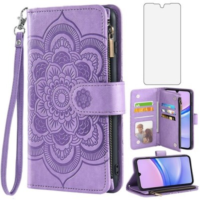 Asuwish Phone Case For Samsung Galaxy A15 5G Wallet Cover Tempered Glass Screen